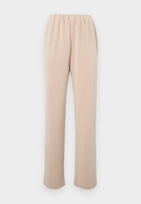 Μπεζ παντελόνι με ελαστική μέση και ίσια γραμμή, κατασκευασμένο από απαλό, υφασμάτινο ύφασμα με υφή, χωρίς εμφανείς σχέδια ή μεταλλικά στοιχεία.