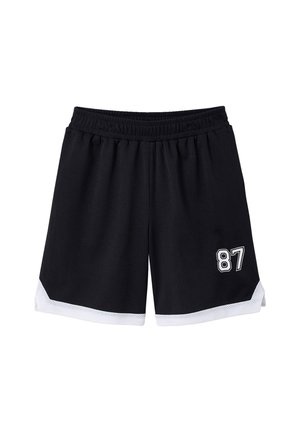 Schwarze Sportshorts mit weißem Besatz am Saum und der Zahl 87 in Weiß auf dem rechten Bein gedruckt.