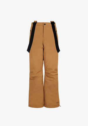 Pantalon de neige marron en tissu imperméable, présentant des bretelles noires réglables, des poches à l'avant et une coupe ample pour plus de mobilité.