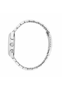Orologio in acciaio inossidabile argento con cassa rettangolare, tre pulsanti sul lato destro e bracciale a maglie flessibili.