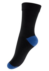 Calzino nero con risvolto a costine, dotato di tallone e punta blu. Realizzato in materiale liscio, progettato per comfort e durata.