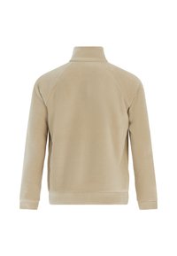Beige fleece pullover met een hoge kraag, raglanmouwen en gebandeerde manchetten. Zachte textuur en eenvoudig, minimalistisch ontwerp.