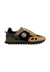 Sneakers con tomaia in tessuto nero, dettagli in suede beige e particolari verdi. Presentano una suola in gomma testurizzata e lacci gialli vivaci.