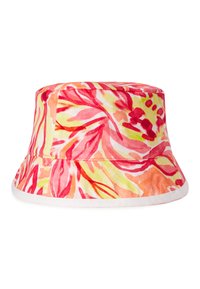 Cappello a secchiello realizzato in tessuto leggero, caratterizzato da un motivo floreale colorato in rosso, rosa e giallo con una bordatura bianca sul bordo.
