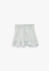 Jupe à carreaux bleu clair avec une ceinture élastique et un ourlet froncé. Fabriquée en tissu doux, avec un motif en grille de bleu plus foncé.