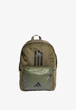 Khaki backpack with a textured fabric, featuring three black stripes on the back and a glossy front pocket with a logo. Zippered closure.
