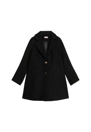 Schwarzer Wollmantel mit langen Ärmeln, einem Reverskragen und zwei frontalen Taschen. Verfügt über drei braune Knöpfe und ein gerades Design.