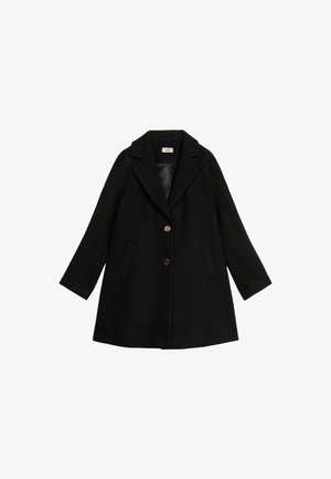 Mustassa villakangastakissa on pitkät hihat, lovellinen kaulus ja kaksi etutaskua. Takki sisältää kolme ruskeaa nappia ja suoran leikkauksen.