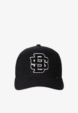 Black cap featuring a textured fabric design with a prominent white logo at the front. The cap has a curved brim and mesh sides.