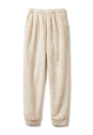 Fleece loungebroeken in een licht beige kleur met een zachte, gestructureerde oppervlakte, een elastische tailleband en aansluitende boorden bij de enkels.