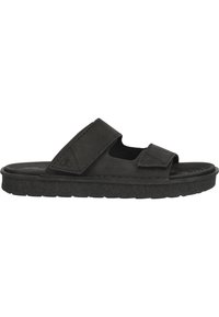 Svarta avslappnade sandaler med två justerbara Velcro-remmar, en platt korkliknande sula och en strukturerad innersula för komfort.