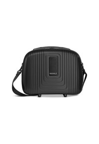 Compacte zwarte hard-shell toilettas met een afneembare schouderriem en een gestructureerde verticale ribbel. Merke "REDOLZ" op het voorpaneel.
