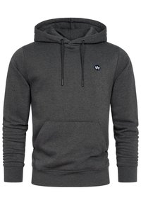 Sweat à capuche gris foncé avec poche kangourou à l'avant, cordons de serrage, poignets côtelés et petit logo blanc sur le côté gauche de la poitrine.