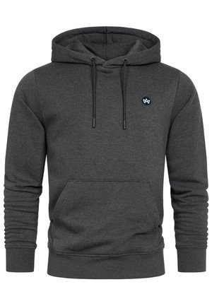 Felpa con cappuccio grigio scuro con tasca a marsupio frontale, coulisse, polsini a coste e piccolo logo bianco sul petto a sinistra.