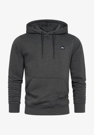 Dunkelgrauer Kapuzenpullover mit Kängurutasche vorne, Kordelzügen, gerippten Bündchen und einem kleinen weißen Logo auf der linken Brust.