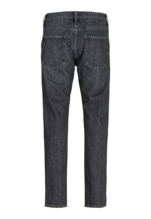 Bagfra visning af mørkegrå denimjeans med to baglommer, bæltestropper og lige bukseben.