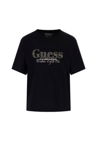 T-shirt nera in cotone con scollo rotondo e maniche corte. Presenta un logo glitterato "Guess" e la scritta "Established Nineteen Eighty One".