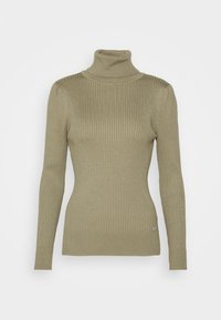 Jasnozielony, prążkowany sweter z golfem, wykonany z miękkiego materiału, z długimi rękawami i dopasowanym krojem, z małym akcentem logo.