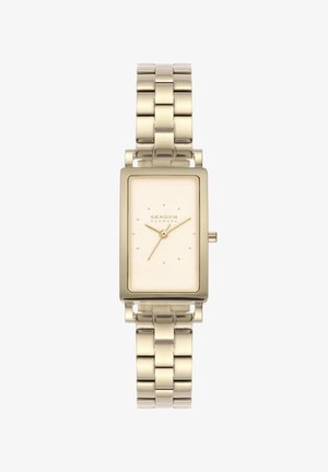 Montre-bracelet rectangulaire ton or avec bracelet métallique lié et cadran minimaliste affichant le nom de la marque Skagen Denmark et trois aiguilles.
