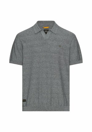 Szara melanżowa koszulka polo z krótkim rękawem, miękkim kołnierzykiem i delikatną fakturą, z małym logo na piersi i metką przy dolnym brzegu.