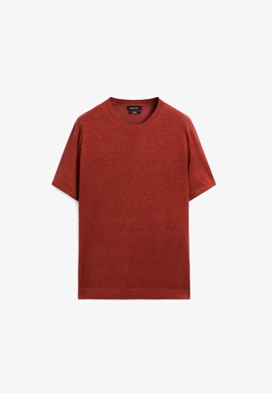 Rotes T-Shirt mit kurzen Ärmeln aus strukturiertem Strickstoff, mit einem gerippten Rundhalsausschnitt und geradem Saum. Es zeichnet sich durch ein minimalistisches Design und klare Linien aus.