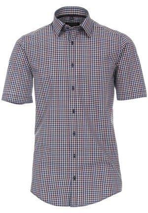 Camicia a maniche corte con bottoni con un piccolo motivo a quadretti nei toni del blu navy, bianco e marrone, con colletto classico.