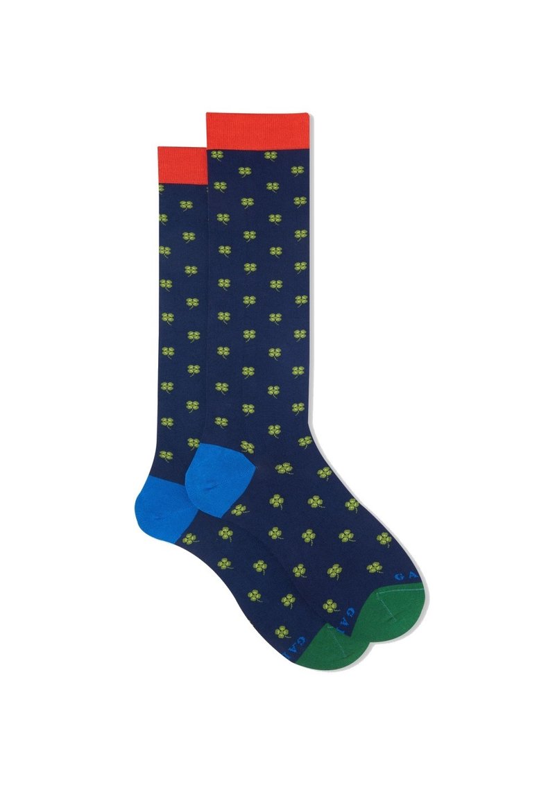 Calze Lunghe Gallo Micro Fantasia Cotone Rosso fondo Blu Oltremare