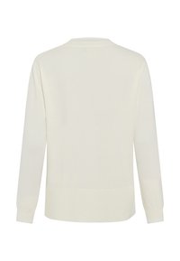 White long-sleeve sweater made of soft fabric, featuring a ribbed neckline and cuffs, with a straight hem and a smooth texture.