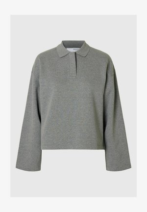 Szary krótki sweter polo wykonany z miękkiej bawełny, z klasycznym kołnierzykiem, długimi rękawami i luźnym krojem z minimalnymi detalami szwów.