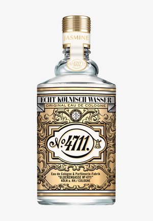 Bouteille en verre de No. 4711 Original Eau de Cologne avec étiquette ornée en or et noir et bouchon doré, étiquetée parfum "Jasmin".