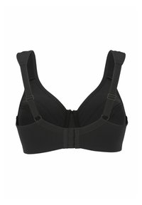 Zwarte bh met volledige bedekking, verstelbare gewatteerde bandjes en een haaksluiting met drie haken aan de achterkant, weergegeven vanaf de achterkant op een witte achtergrond.