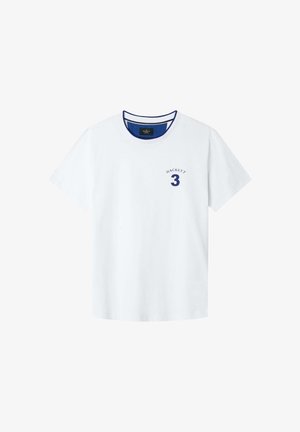 Hvid bomulds T-shirt med rund halsudskæring, med blå detaljer og et lille marineblåt logo, der står "HACKETT 3" på brystet.