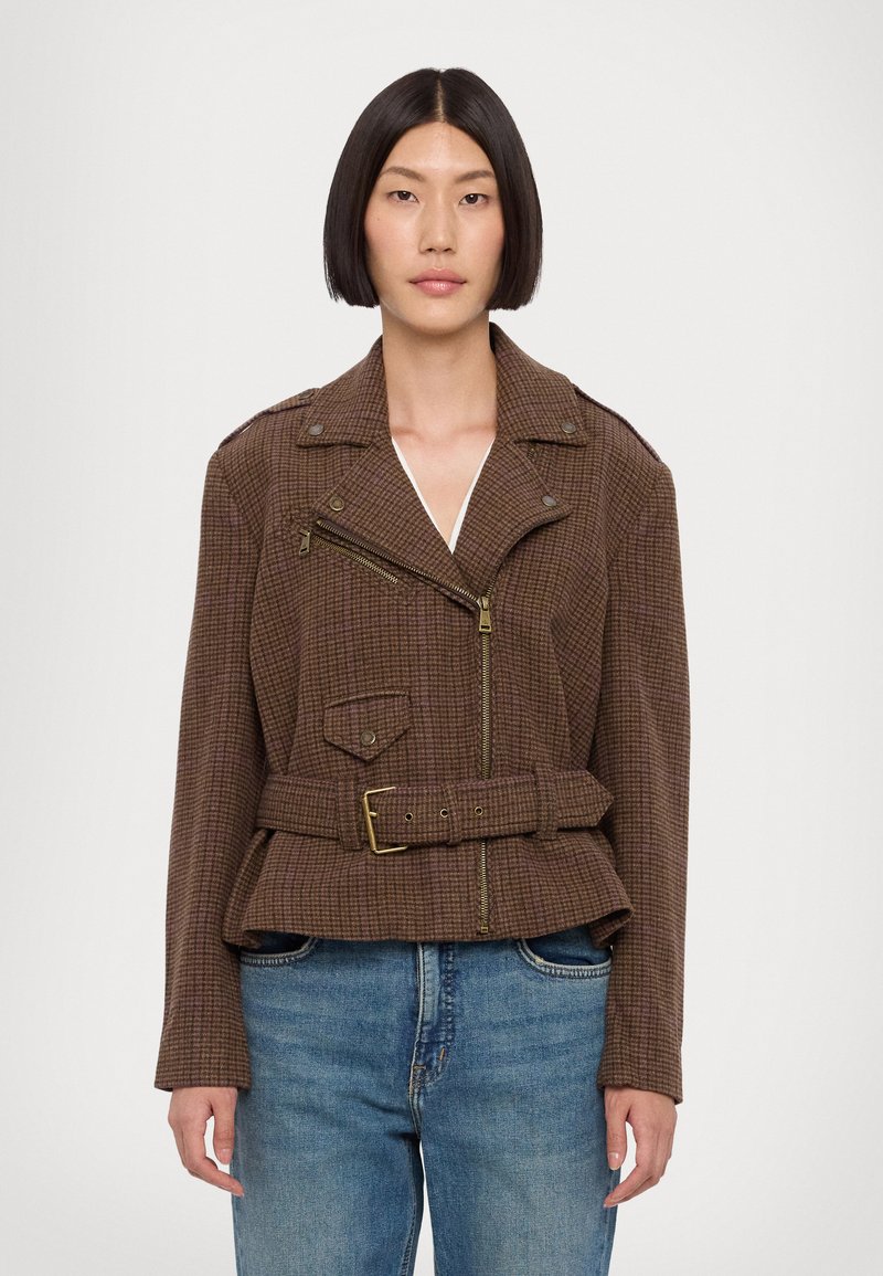 Brown checked jacket with a zip closure, belted waist, and two front pockets. Features a lapel collar and tailored fit. Textured fabric.