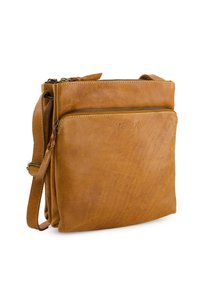 Tan leather crossbody bag with front zip pocket, adjustable strap, and embossed "Venezia" logo on white background.