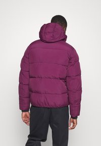Fioletowa kurtka puchowa z kapturem, posiadająca pikowany wzór, ściągacze na mankietach oraz gładką teksturę. Noszona z czarnymi spodniami.