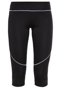 Czarne legginsy capri wykonane z gładkiego, elastycznego materiału, z szarym akcentem szwów i zakrzywionym fasonem bocznych szwów.