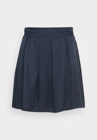 Mörkblå kjol med en slät yta, med veck, bred midja och knälång längd. Inga synliga detaljer eller mönster.