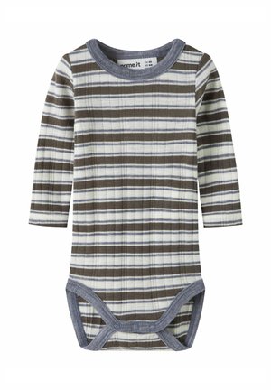Langärmliger Baby-Body aus leichtem, geripptem Stoff. Mit beige-, braun- und hellblauen horizontalen Streifen, grauem Halsbund und Druckknopfverschlüssen.
