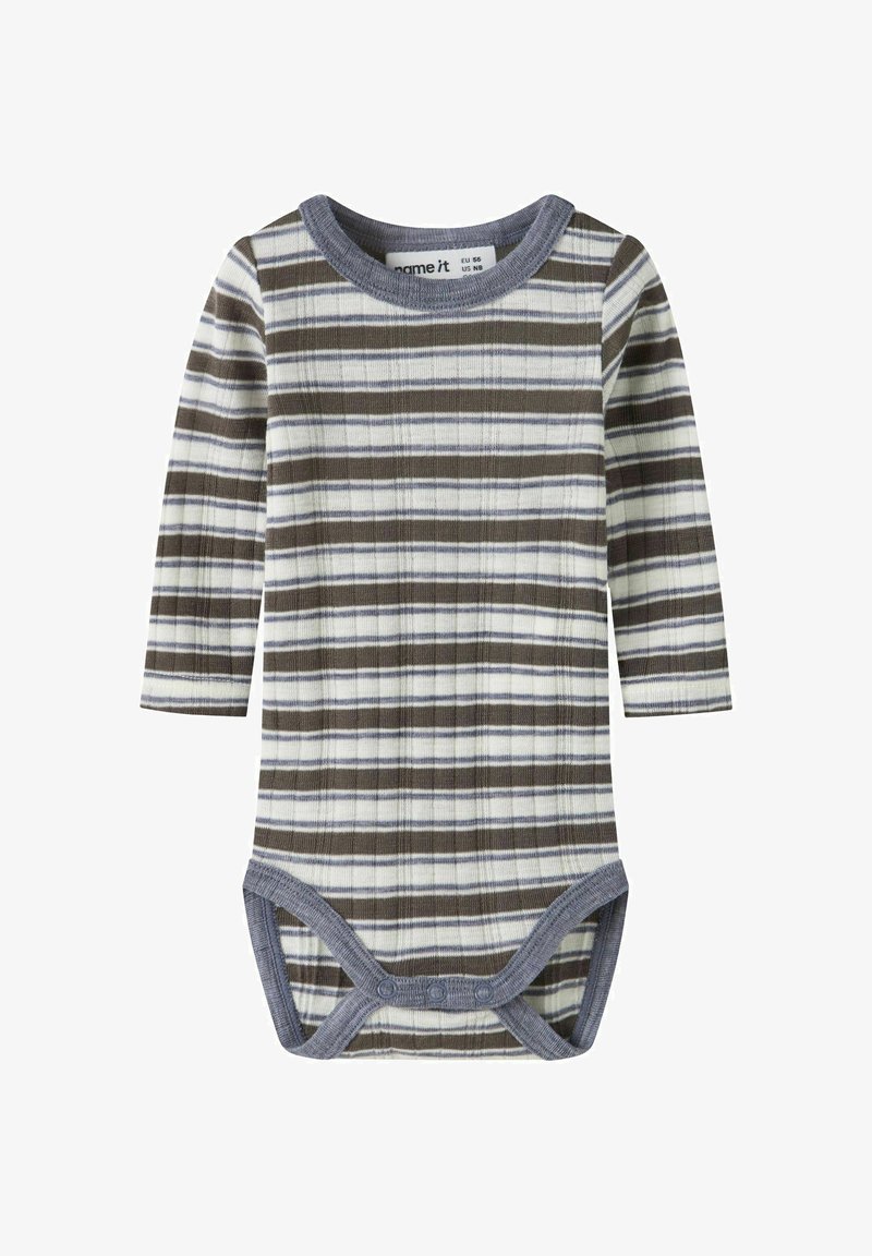 Body à manches longues en tissu léger côtelé. Présente des rayures horizontales beige, marron et bleu clair, avec un col gris et des boutons-pression.