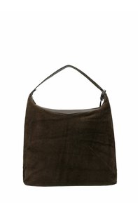 Tmavě hnědá semišová kabelka s jedním horním uchem a zipovým zapínáním, obdélníkového tvaru s měkkou texturou a minimalistickým designem.