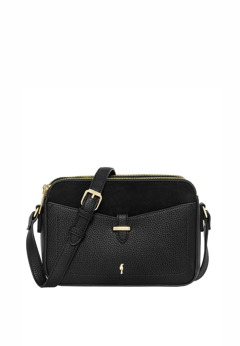 Czarna skórzana torebka o teksturowej powierzchni, z zamszowymi akcentami, złotym zamkiem i regulowanym paskiem. Posiada przednią kieszonkę z klapą i detalami z metalu.