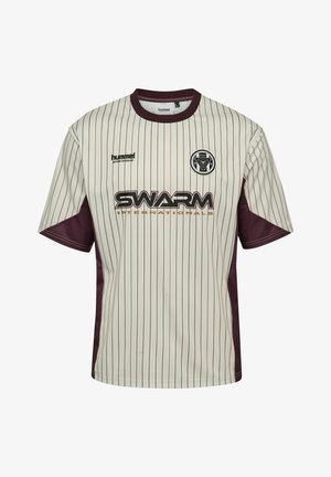 Weiß und kastanienbraunes gestreiftes Trikot mit kurzen Ärmeln, rundem Halsausschnitt, Logo auf der Brust und dem Wort "SWARM" in fetter Schrift über die Vorderseite.