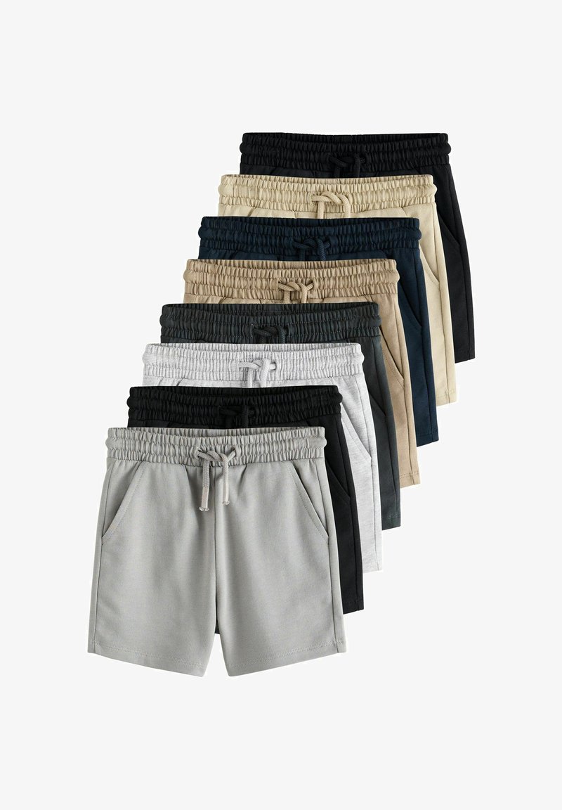 Sept paires de shorts décontractés à taille élastique avec cordons de serrage, disposées en pile superposée, en gris, noir, blanc, vert foncé, beige, bleu marine et beige clair.