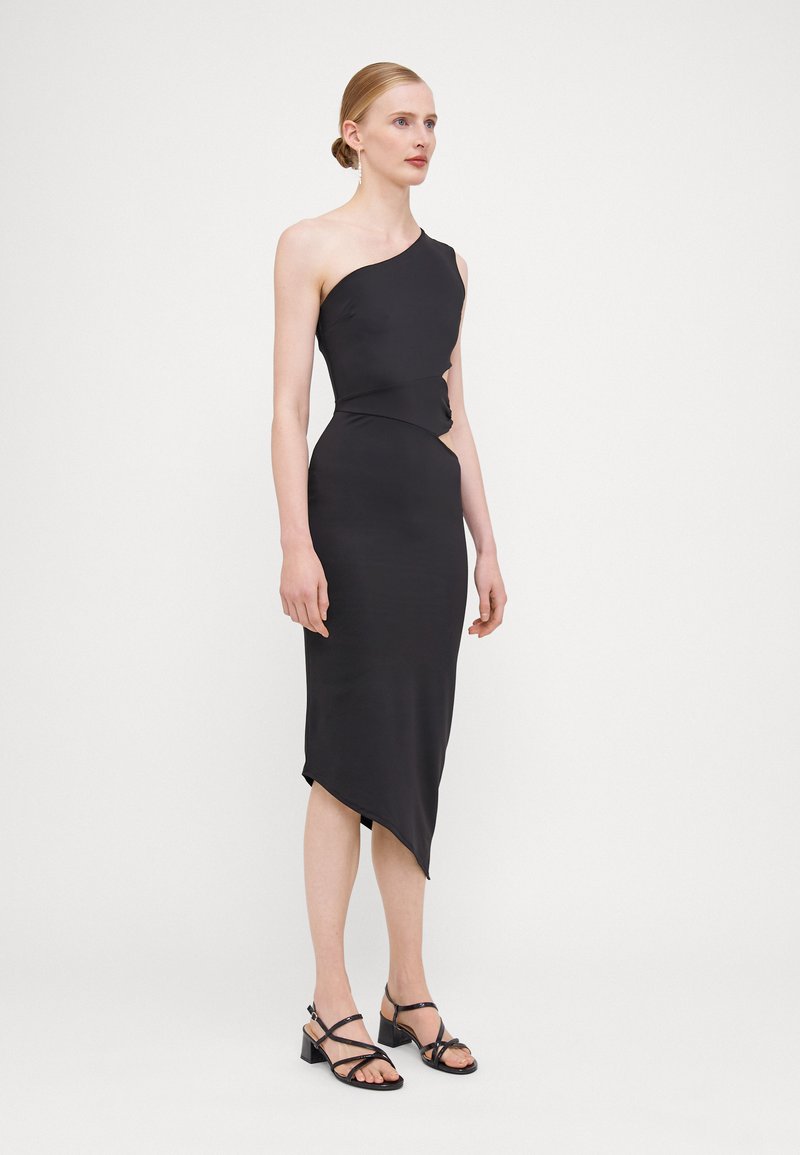 ankle length cocktail dresses with sleeves Glitter Crepe Cutout Asymmetrical Long Black Prom Dress main image 1
