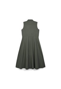 Ärmelloses Kleid in dunkelolivgrün, mit einem Kragen, tailliertem Schnitt und einem schwingenden Rock aus glattem, mattem Material.