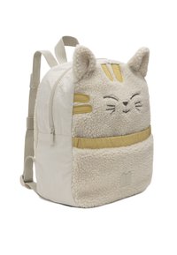 Kleine crèmekleurige rugzak van pluizige stof, met gevoerde kattenoren, geborduurde kattengezicht en gele streepdetails op het voorvak.