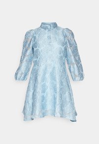 Ljusblå blomsterbroderad klänning med puffärmar, knappframhållning och figursydd krage.