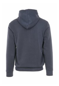 Felpa con cappuccio blu navy, maniche lunghe, texture morbida e polsini e orlo a costine. Presenta un grande cappuccio e nessun logo visibile.