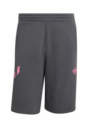 Ciemnoszare spodenki sportowe z różowymi akcentami logo, elastycznym paskiem w talii i bocznymi kieszeniami.