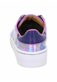 Purple and iridescent sneaker with a white rubber sole and black interior. Features a smooth textured upper and contrasting pink accents at the heel.